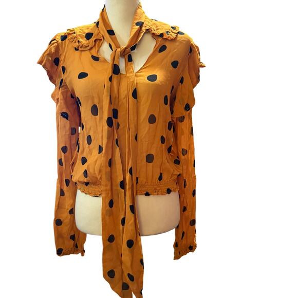 Farm Rio Caramel Mix Polka Dot Ruffle Blouse, Mustard, Women's Size Small - Picture 1 of 8